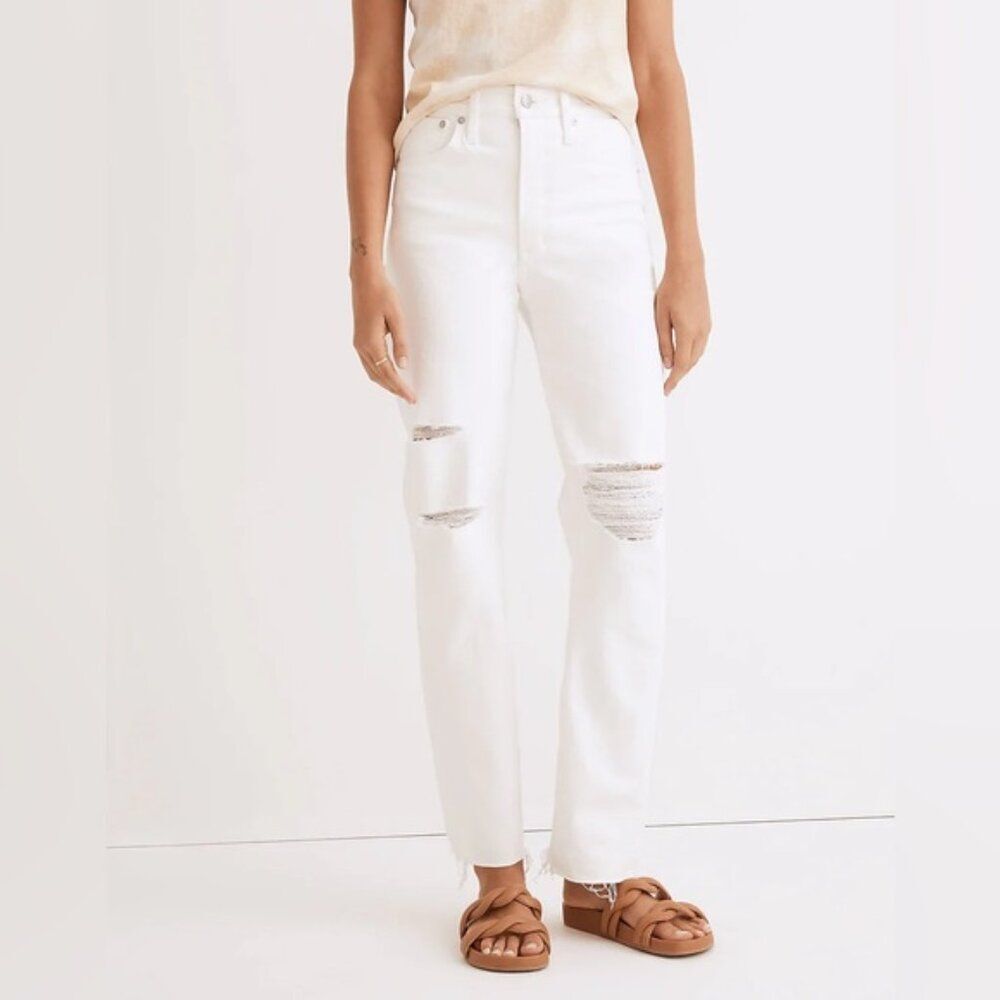 Madewell The Perfect Vintage Straight Jean in Tile White: Ripped-Knee Edition 27